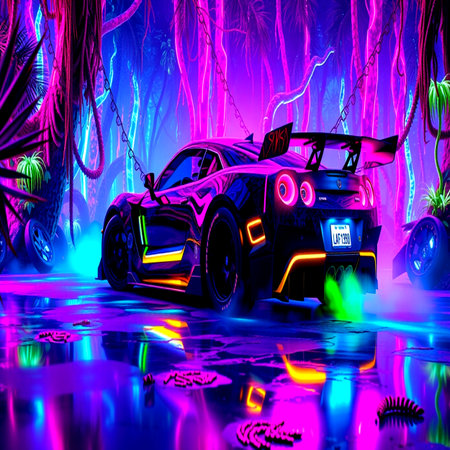 Futuristic car in a dark forest with neon lights. 3d renderingの写真素材