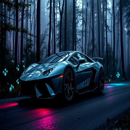 Mysterious car on the road in the forest at night.の写真素材