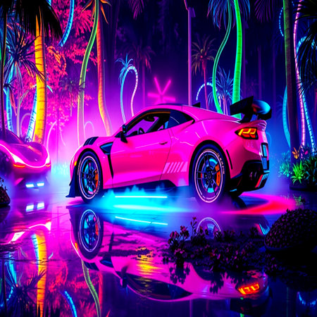 Futuristic car on the background of the neon lights. 3d renderingの写真素材