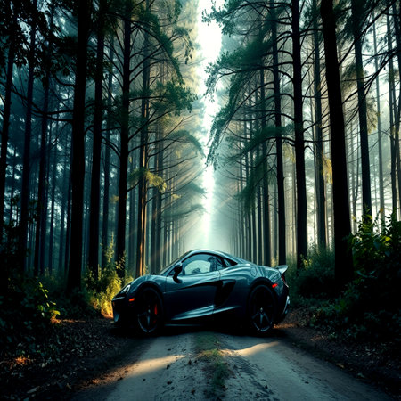 Black sport car on the road in the foggy forest. 3d renderingの写真素材