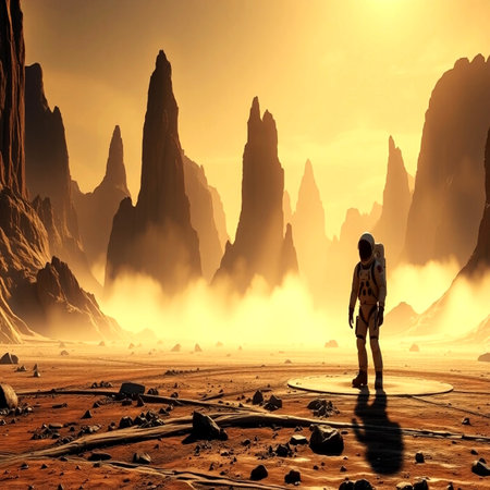 3D rendering of a fantasy alien planet with an astronaut in the foreground