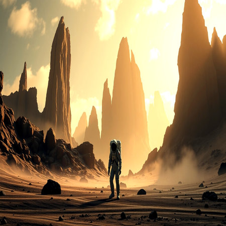 Astronaut in the desert. 3D illustration. Fantasy landscape.の写真素材