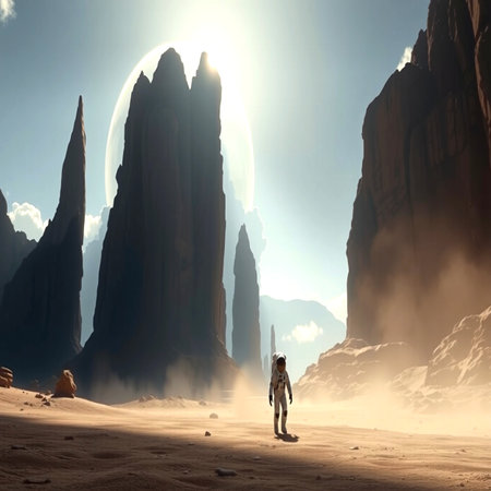 Astronaut exploring the desert. 3D rendering. Fantasy world.の写真素材