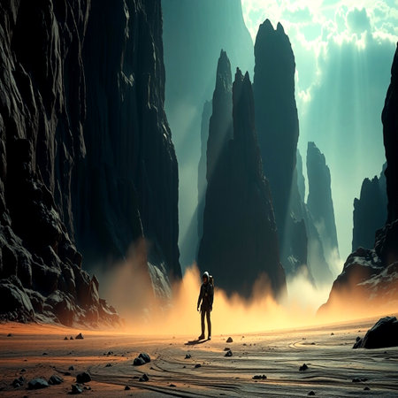 Fantasy landscape with a person in a desert. 3d rendering