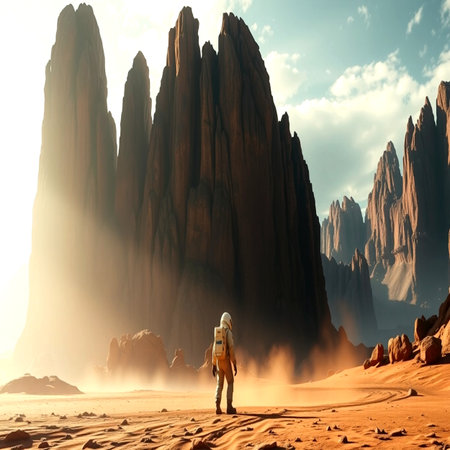 Hiker in the desert. Fantastic landscape.