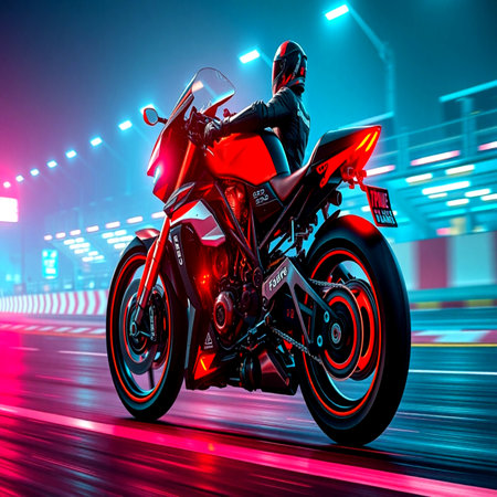 Motorcycle rider on the road at night with motion blur background.の写真素材
