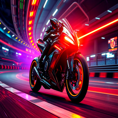 3d rendering of a black sport bike on the road with neon lights
