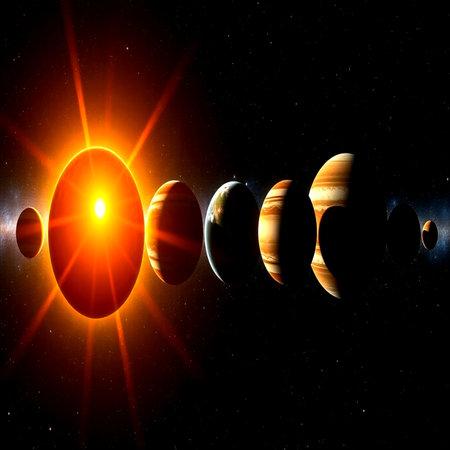 Solar system with planets, sun and stars in space.