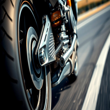 Motorcycle on the road. Close-up of a motorcycle wheel.の写真素材