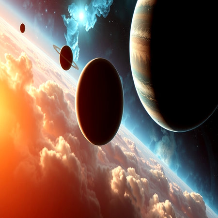 Planets in space against the background of the sun. 3D rendering