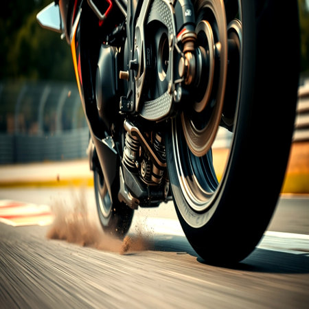 Close-up of the wheel of a sports motorcycle with motion blurの写真素材