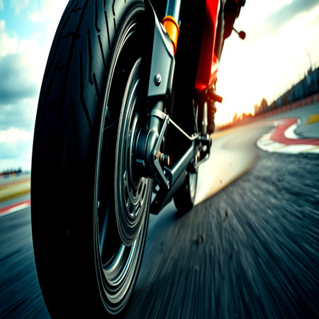 Motorcycle wheel close-up on blurred asphalt road background. Motion blur