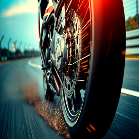 Motorcycle wheel on the road. Blur background. 3d renderingの写真素材