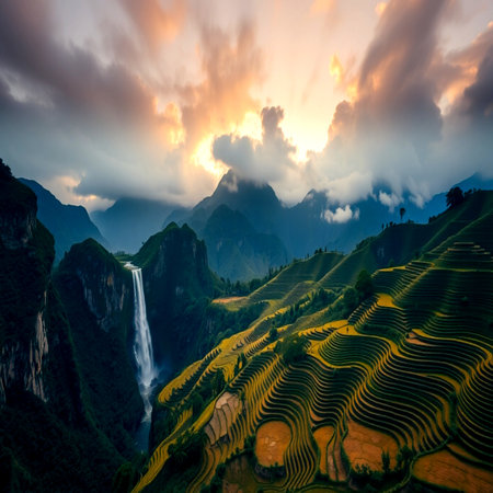 Terraced rice fields at sunsetの写真素材