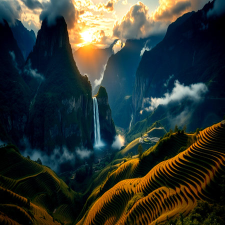 Rice field terraces at sunset in Guilin, Chinaの写真素材