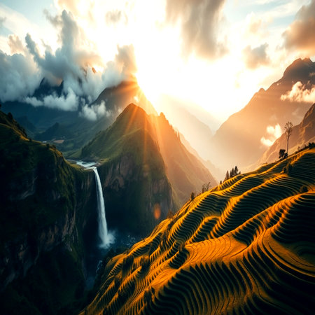 Mountain landscape with a waterfall on the background of the setting sunの写真素材