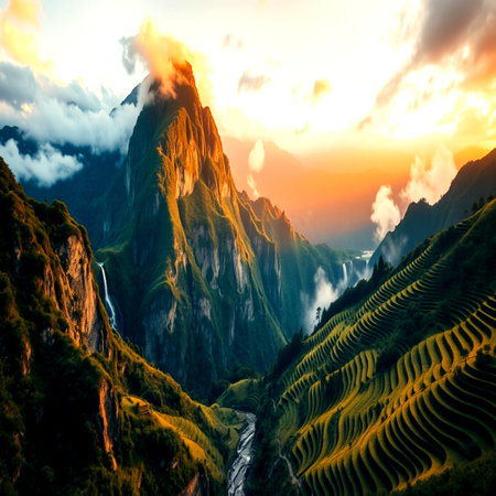 Rice terraces at sunset in Sapa, Lao Cai, Vietnamの写真素材
