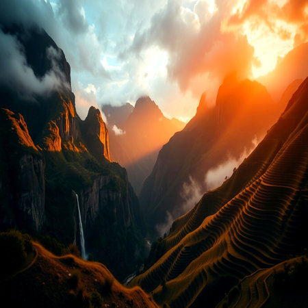 Beautiful sunset in the mountains. Fantastic view of the mountains and the waterfall.の写真素材
