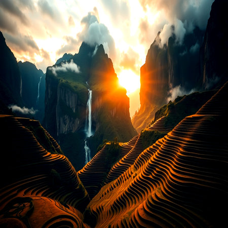 Beautiful sunset over the mountains in China. Artistic style.の写真素材