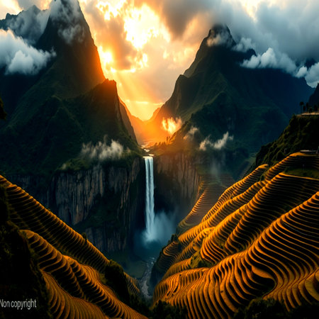 Beautiful sunset over the waterfalls in Yunnan, China.の写真素材