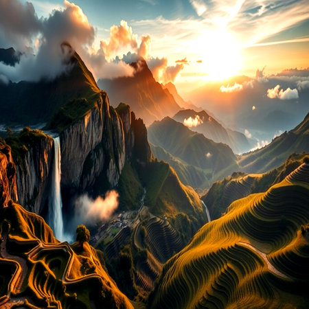 Beautiful sunrise over the waterfalls in the mountains of Peru.の写真素材