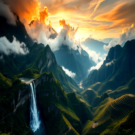 Waterfall on the mountain at sunset in Sapa, Vietnam.の写真素材