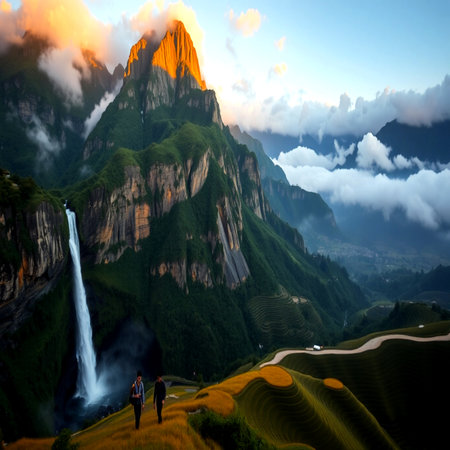 Terraced rice field with mountain and waterfall in Yunnan, Chinaの写真素材