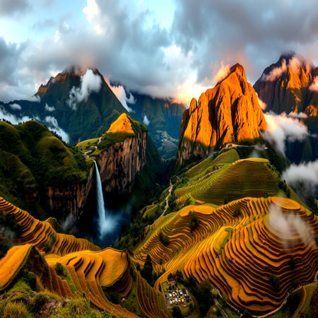 China Yunnan Longji terraced rice fields landscape at sunrise.の写真素材