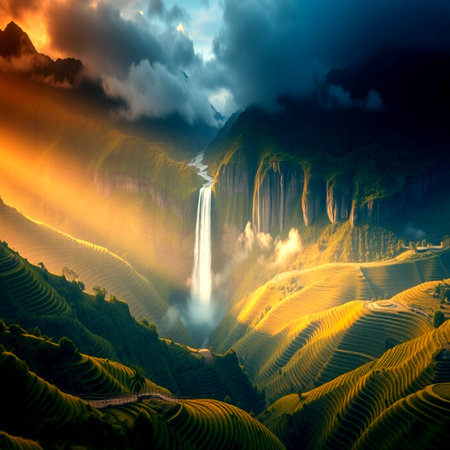 Terraced rice field with waterfalls at sunset in Yunnan, Chinaの写真素材
