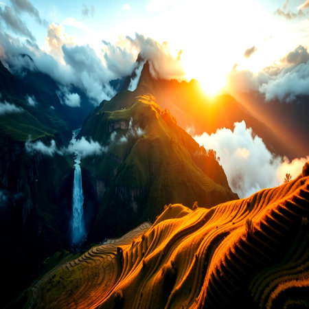 Beautiful sunset in the mountains. Colorful landscape with mountains and waterfallの写真素材