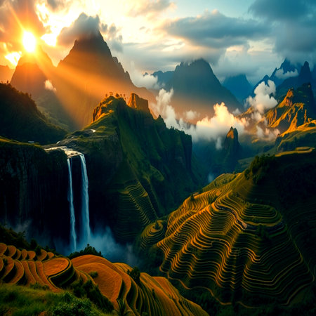 Longji terraced fields at sunset, Yunnan, China.の写真素材