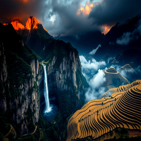 Terraced rice field landscape at sunset in Chinaの写真素材