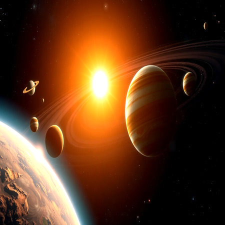 Sunrise in space with planets and stars. Solar system. 3D rendering