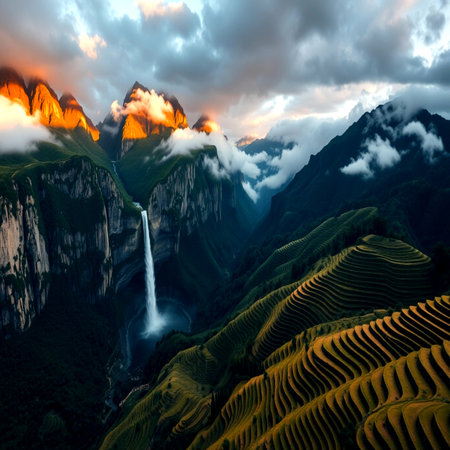 Terraced rice field landscape in Guangxi province, China.の写真素材