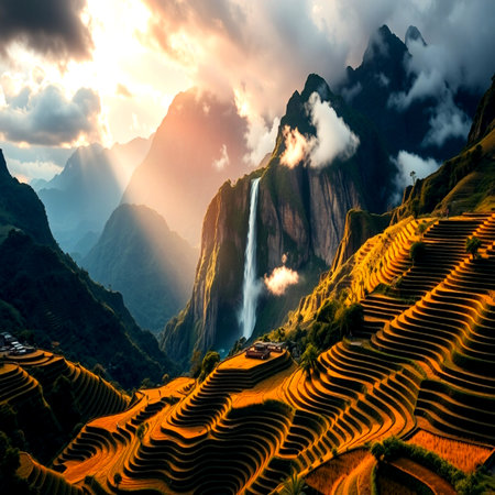 Rice terraces at sunset in Yunnan province, China.の写真素材