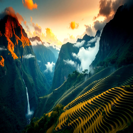 Rice terraces at sunset in Yunnan province.の写真素材