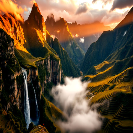 Beautiful sunset over the mountain valley with a small waterfall in the foregroundの写真素材