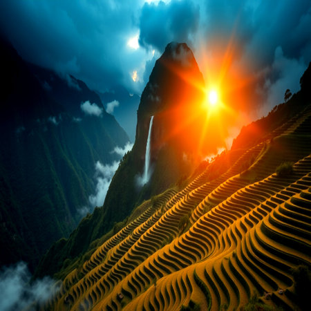 Beautiful sunset over the rice terraces of Sapa, Vietnamの写真素材