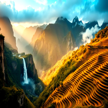 Beautiful rice terraces with waterfalls in Huangshan, Chinaの写真素材