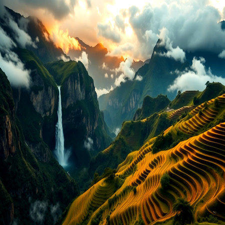 Terraced rice field and waterfalls in Yunnan, China