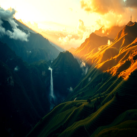 Beautiful sunset over the mountain range. Sapa, Vietnam.