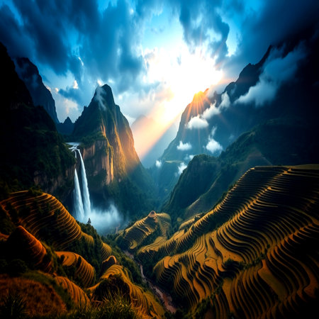 Beautiful sunset over the rice terraces of Chinaの写真素材