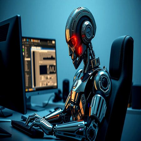3D rendering of a female robot working in a modern office.の写真素材