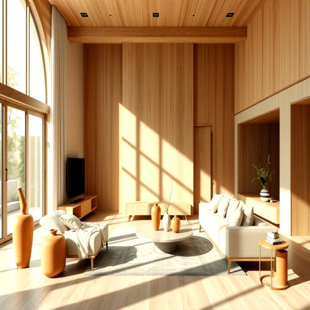 Interior of modern living room with wooden walls, wooden floor, comfortable sofa and coffee table. 3d renderの写真素材