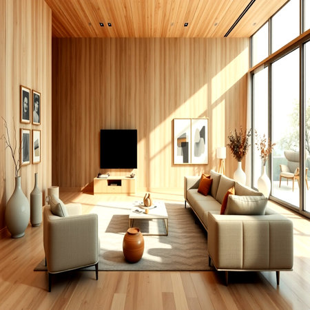 Interior of modern living room with wooden walls, wooden floor, comfortable sofa and tv. 3d renderの写真素材
