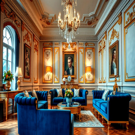 Luxury interior of the living room with classic furniture, walls are decorated with baroque ornaments.の写真素材