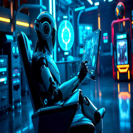 3d rendering humanoid robot working on tablet computer in dark room with neon lightの写真素材