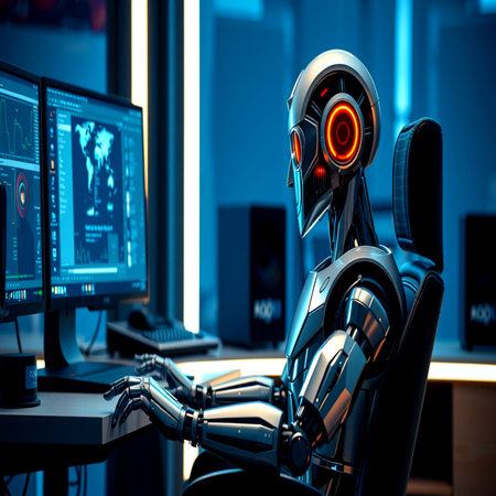 Robot humanoid working with computer in dark office. 3D renderingの写真素材