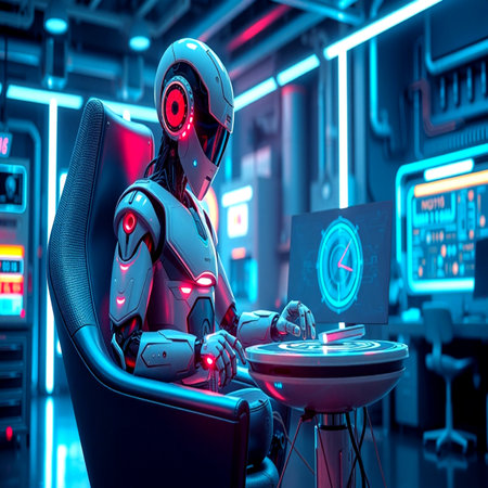 Cyborg sitting in a chair with a laptop. 3D rendering.の写真素材