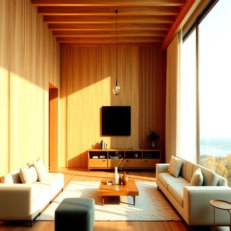 interior of modern wooden house, living room, 3d renderの写真素材